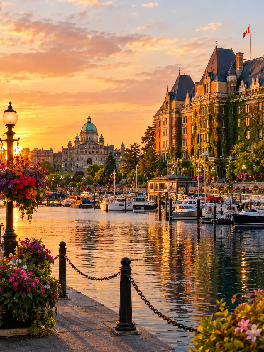 Ein prächtiges Hotel im Schlossstil und ein Parlamentsgebäude mit Kuppel an einem Hafen zur goldenen Stunde