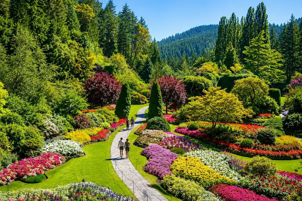 Flower beds and winding paths in the Sunken Garden seen from above