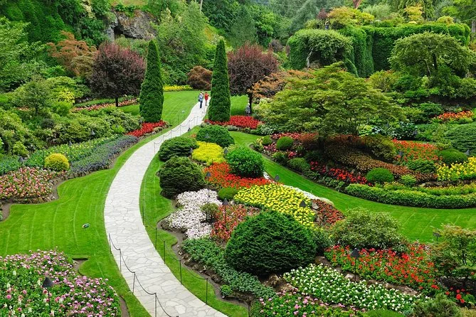 Parterres de bulbos de primavera y arbustos en flor junto a un sendero curvo del jardín