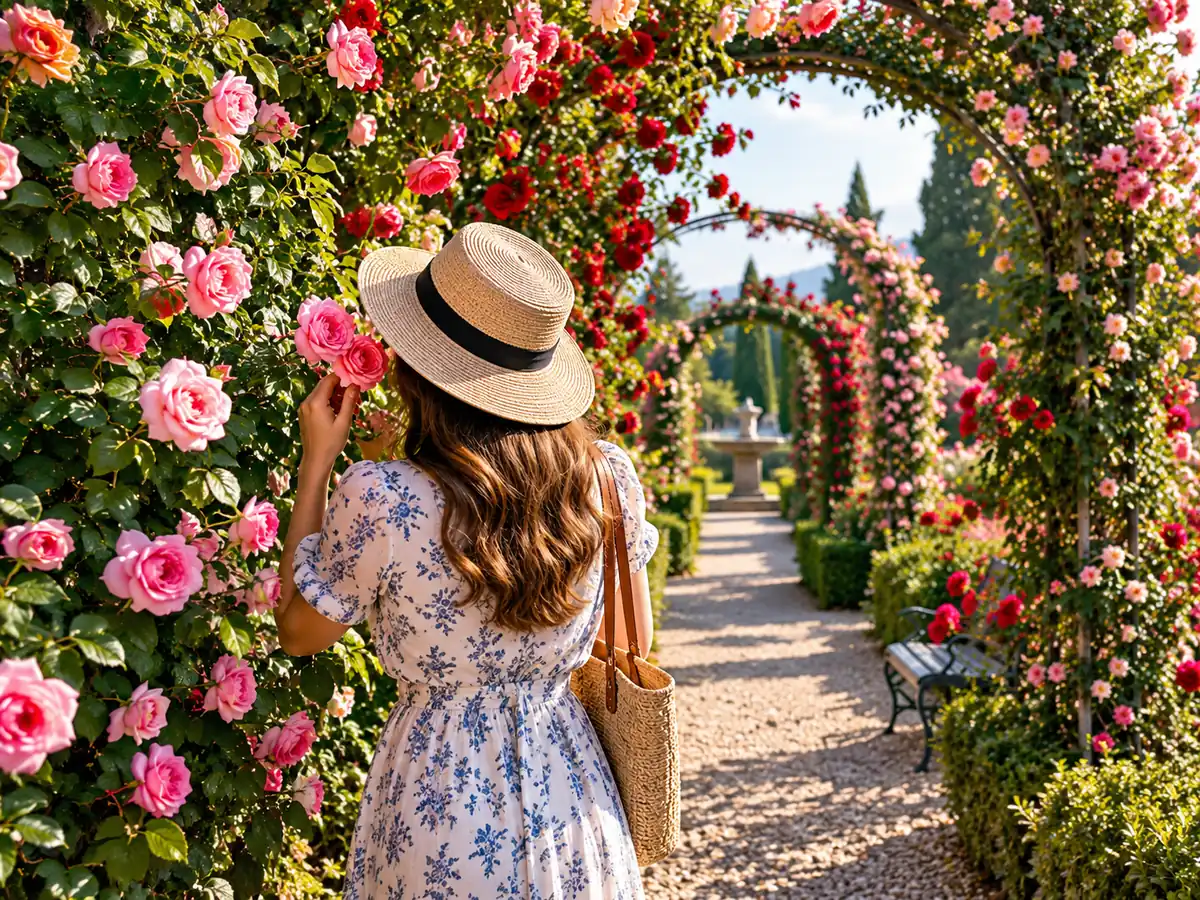 Eine Frau mit Sonnenhut riecht an Rosen unter blumenbewachsenen Bögen