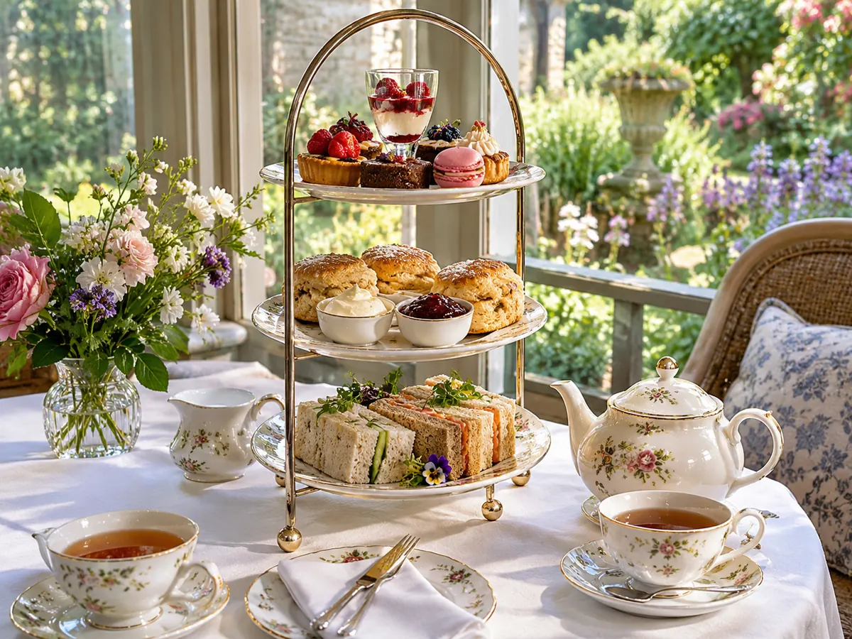 Eine Etagere mit Afternoon Tea, Scones, Sandwiches und Gebäck an einem Gartenfenster